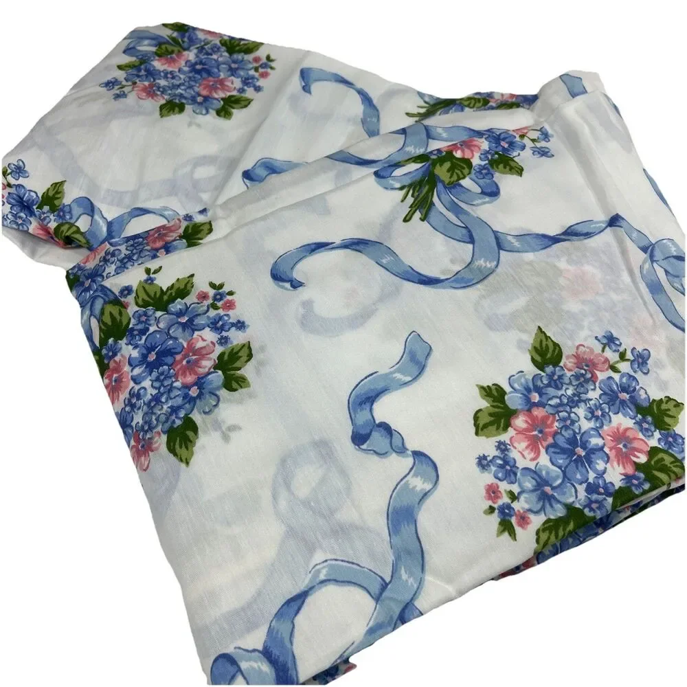 Dan River Double Sheet Set Potpourri Blue Ribbon Floral Pink Crisp Fitted Flat